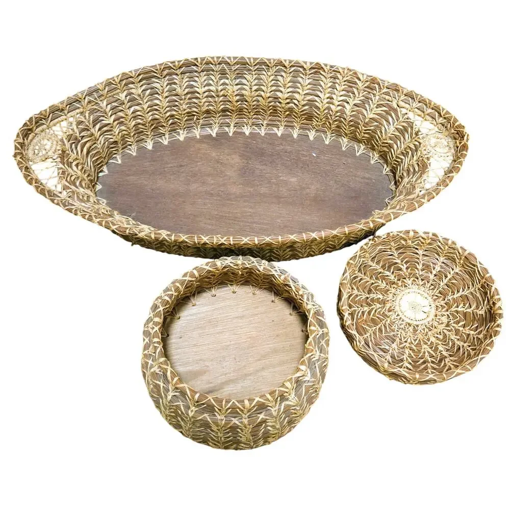 Pine Needle Woven Oval Basket + Round Basket w/Lid, Wooden Bottoms Vintage